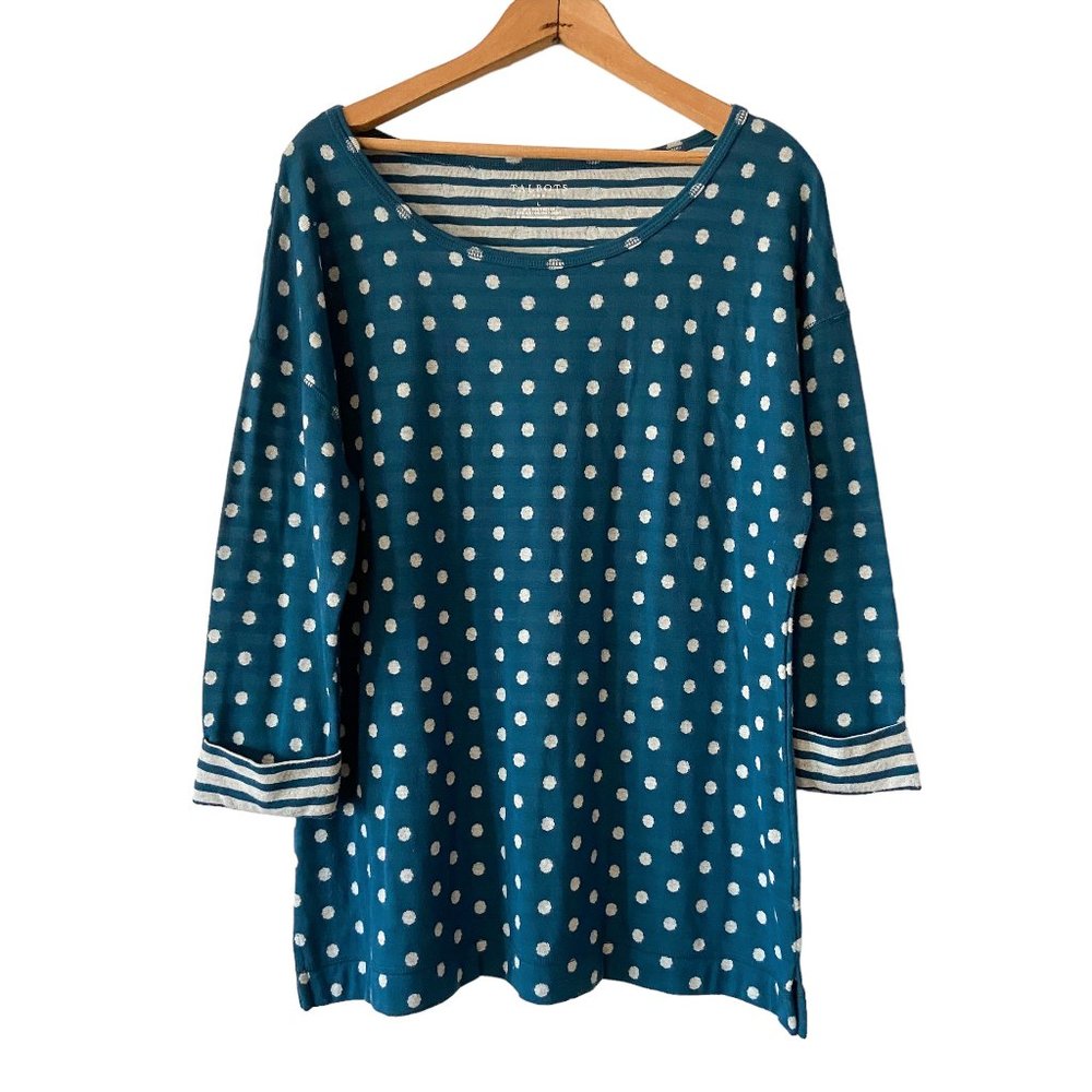 Talbots Blue with White Polka Dots 3/4 Sleeve Tee Top L